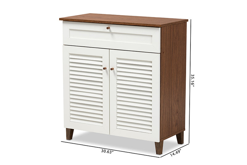 Theo Modern and Contemporary White and Walnut Finished 4-Shelf Wood Shoe Storage Cabinet w/Drawer