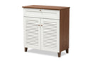 Theo White and Walnut Finished 4-Shelf Wood Shoe Storage Cabinet w/Drawer Baxton