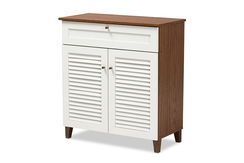 Theo Modern and Contemporary White and Walnut Finished 4-Shelf Wood Shoe Storage Cabinet w/Drawer