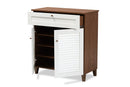 Theo White and Walnut Finished 4-Shelf Wood Shoe Storage Cabinet w/Drawer Baxton