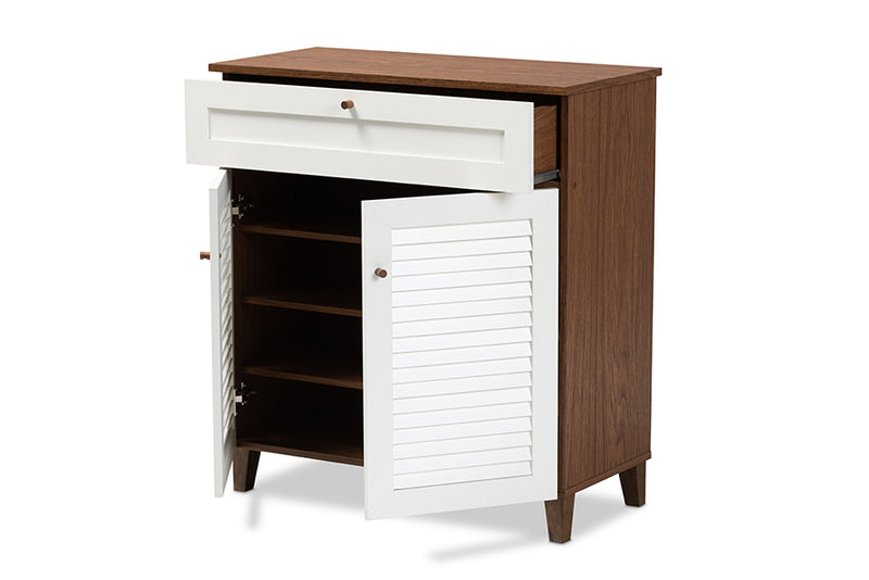 Theo Modern and Contemporary White and Walnut Finished 4-Shelf Wood Shoe Storage Cabinet w/Drawer