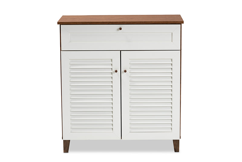 Theo Modern and Contemporary White and Walnut Finished 4-Shelf Wood Shoe Storage Cabinet w/Drawer