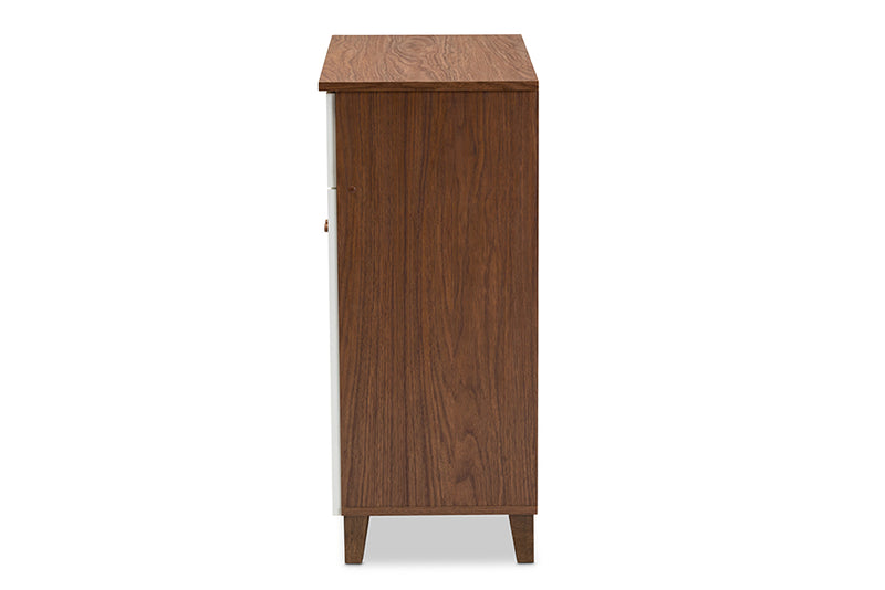 Theo Modern and Contemporary White and Walnut Finished 4-Shelf Wood Shoe Storage Cabinet w/Drawer