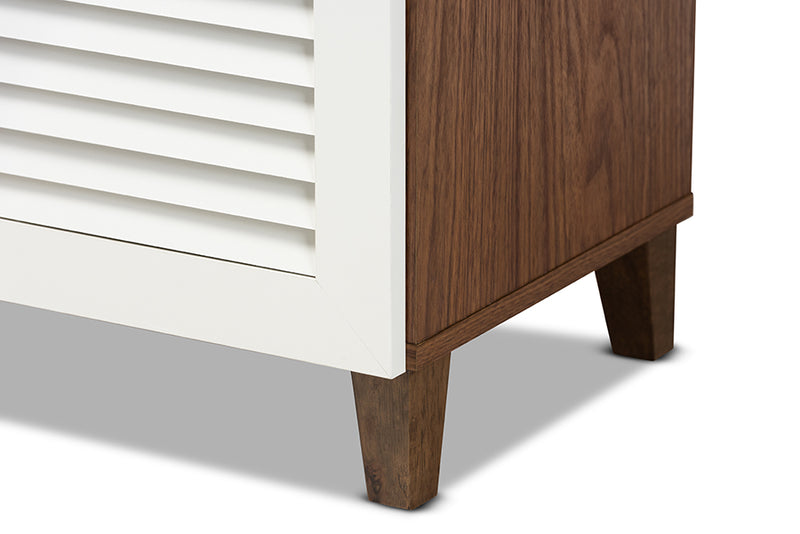 Theo Modern and Contemporary White and Walnut Finished 4-Shelf Wood Shoe Storage Cabinet w/Drawer