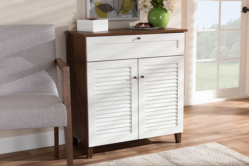 Theo Modern and Contemporary White and Walnut Finished 4-Shelf Wood Shoe Storage Cabinet w/Drawer