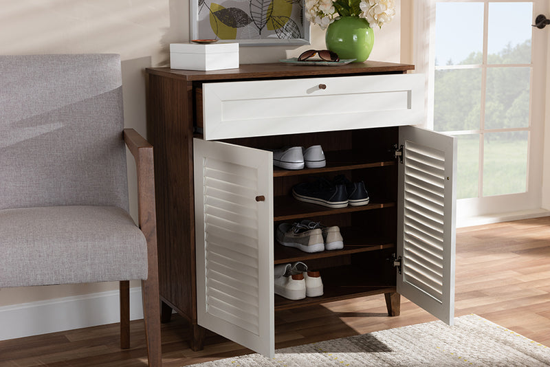 Theo Modern and Contemporary White and Walnut Finished 4-Shelf Wood Shoe Storage Cabinet w/Drawer