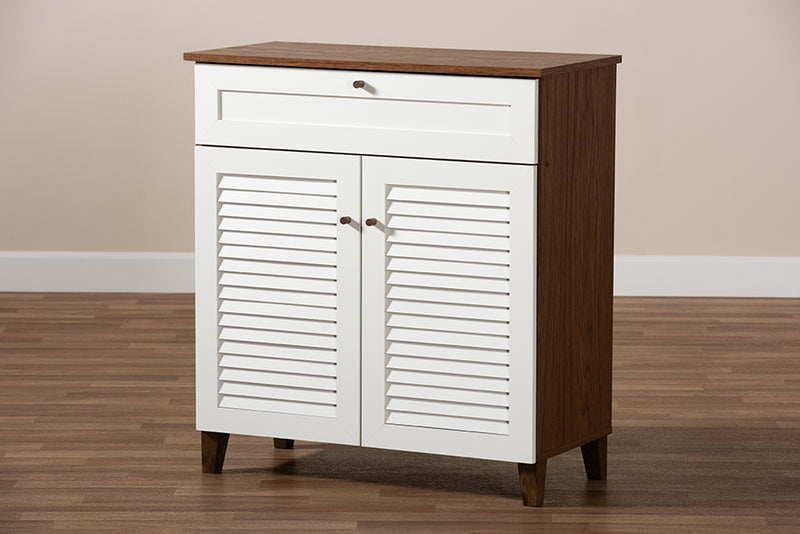 Theo Modern and Contemporary White and Walnut Finished 4-Shelf Wood Shoe Storage Cabinet w/Drawer