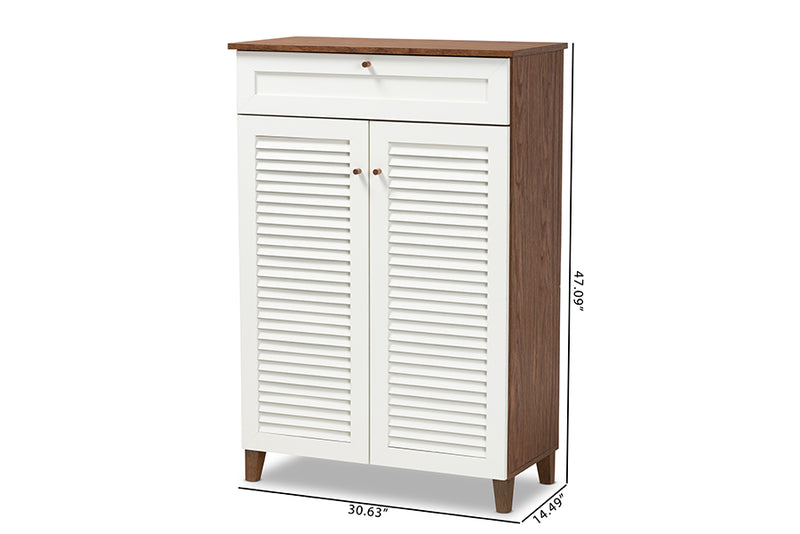 Theo Modern and Contemporary White and Walnut Finished 5-Shelf Wood Shoe Storage Cabinet w/Drawer