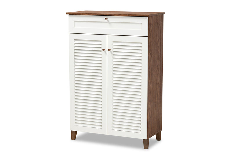 Theo Modern and Contemporary White and Walnut Finished 5-Shelf Wood Shoe Storage Cabinet w/Drawer