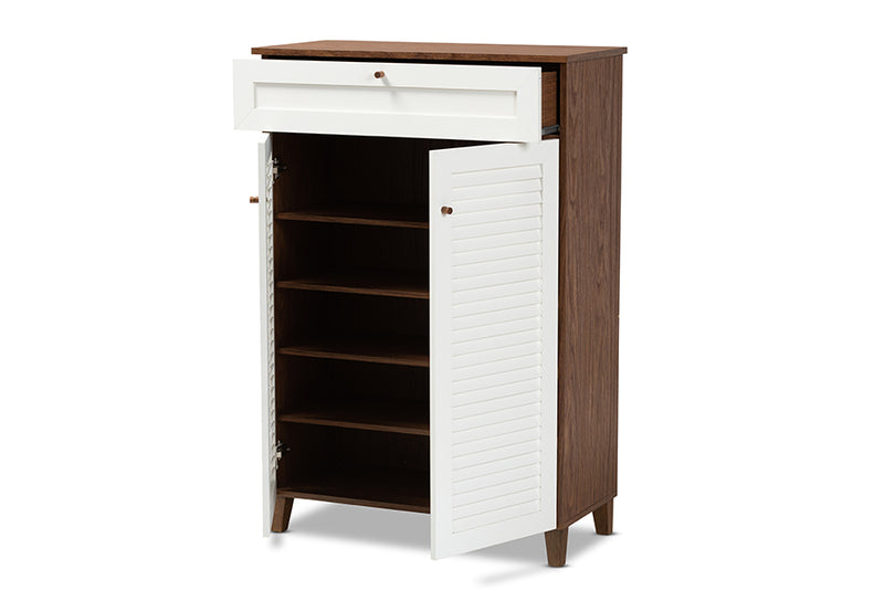 Theo Modern and Contemporary White and Walnut Finished 5-Shelf Wood Shoe Storage Cabinet w/Drawer