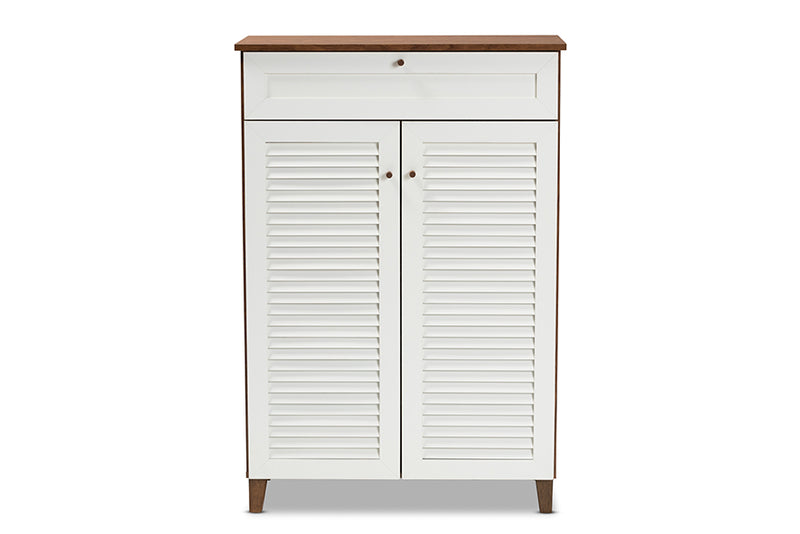 Theo Modern and Contemporary White and Walnut Finished 5-Shelf Wood Shoe Storage Cabinet w/Drawer