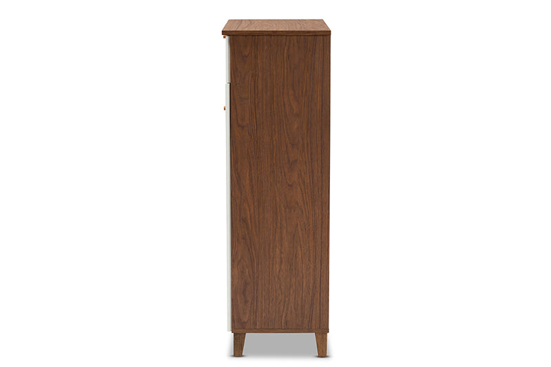 Theo Modern and Contemporary White and Walnut Finished 5-Shelf Wood Shoe Storage Cabinet w/Drawer