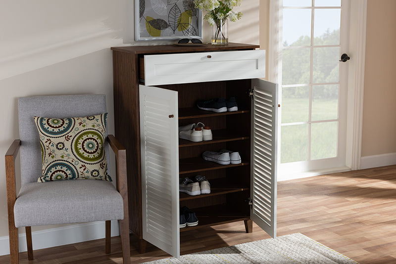 Theo Modern and Contemporary White and Walnut Finished 5-Shelf Wood Shoe Storage Cabinet w/Drawer