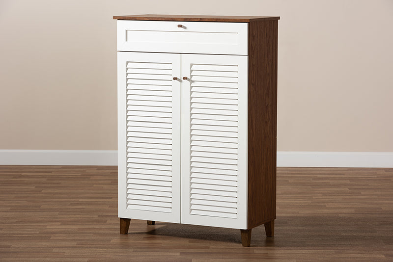 Theo Modern and Contemporary White and Walnut Finished 5-Shelf Wood Shoe Storage Cabinet w/Drawer