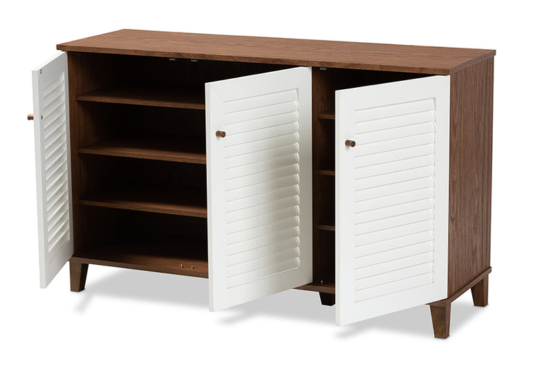 Theo Modern and Contemporary Walnut/White Finished 8-Shelf Wood Shoe Storage Cabinet