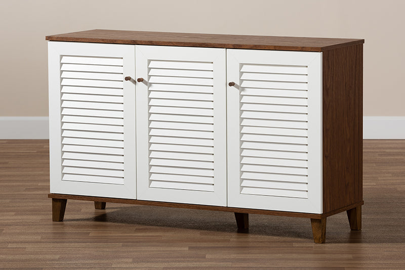 Theo Modern and Contemporary Walnut/White Finished 8-Shelf Wood Shoe Storage Cabinet