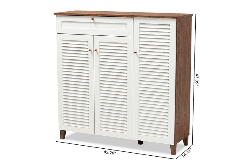 Theo Modern and Contemporary Walnut/White Finished 11-Shelf Wood Shoe Storage Cabinet w/Drawer