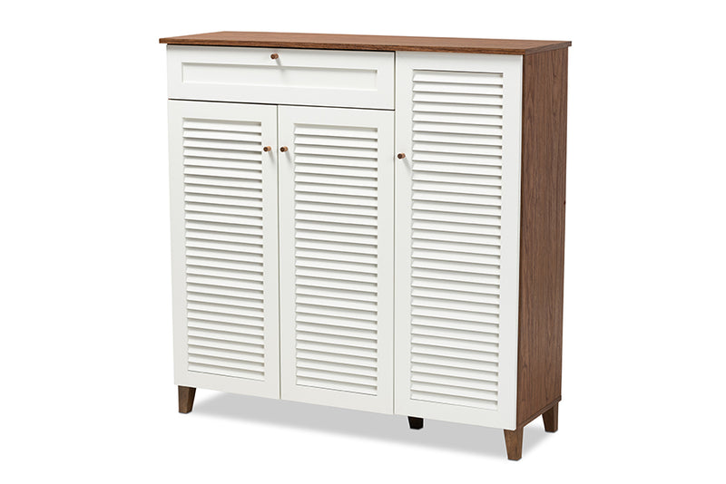 Theo Modern and Contemporary Walnut/White Finished 11-Shelf Wood Shoe Storage Cabinet w/Drawer