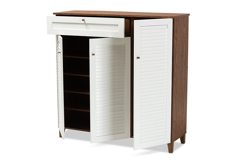 Theo Modern and Contemporary Walnut/White Finished 11-Shelf Wood Shoe Storage Cabinet w/Drawer