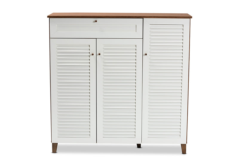 Theo Modern and Contemporary Walnut/White Finished 11-Shelf Wood Shoe Storage Cabinet w/Drawer