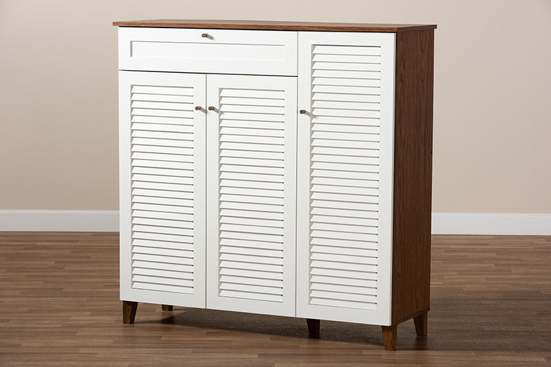 Theo Modern and Contemporary Walnut/White Finished 11-Shelf Wood Shoe Storage Cabinet w/Drawer