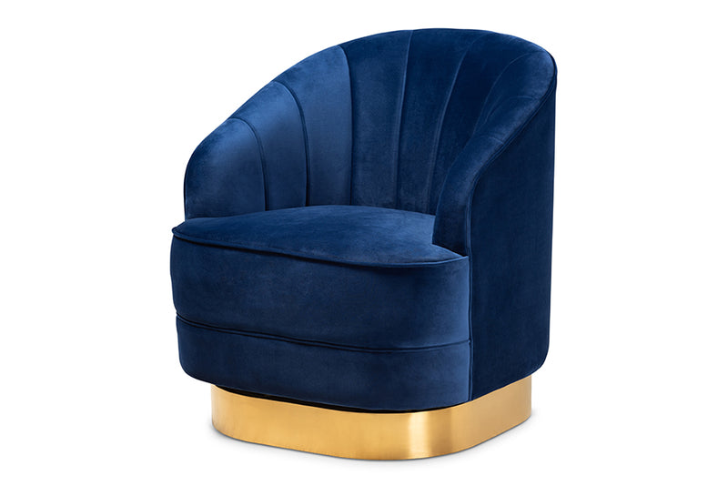 Mazarine Glam and Luxe Royal Blue Velvet Fabric Upholstered Brushed Gold Finished Swivel Accent Chair