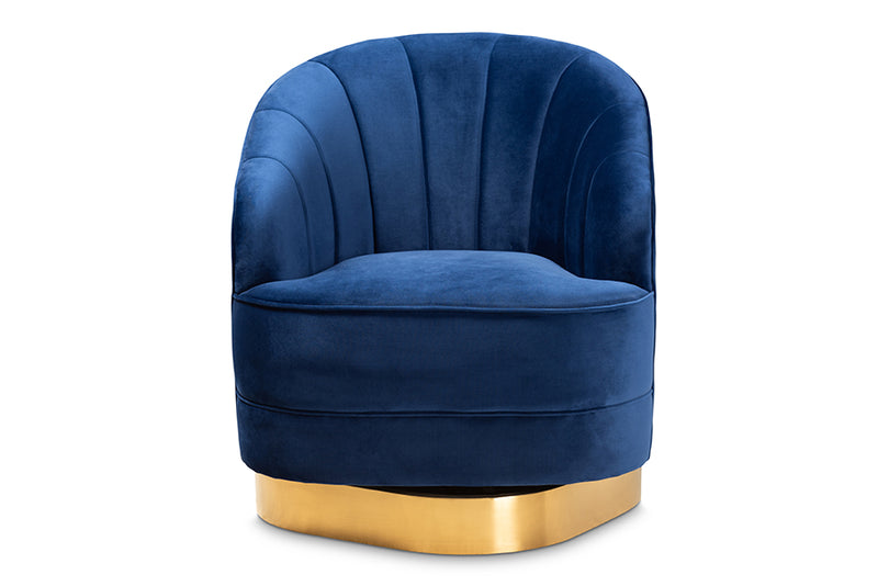 Mazarine Glam and Luxe Royal Blue Velvet Fabric Upholstered Brushed Gold Finished Swivel Accent Chair