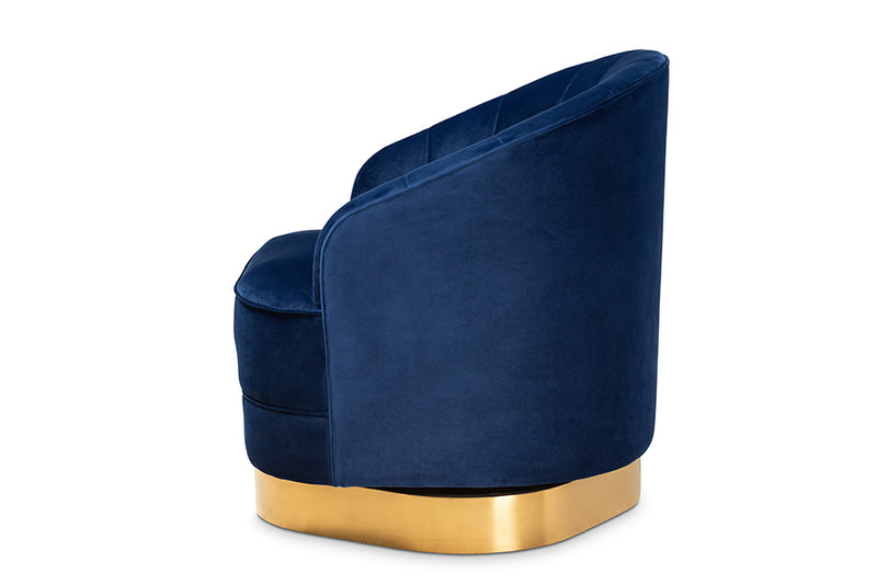 Mazarine Glam and Luxe Royal Blue Velvet Fabric Upholstered Brushed Gold Finished Swivel Accent Chair