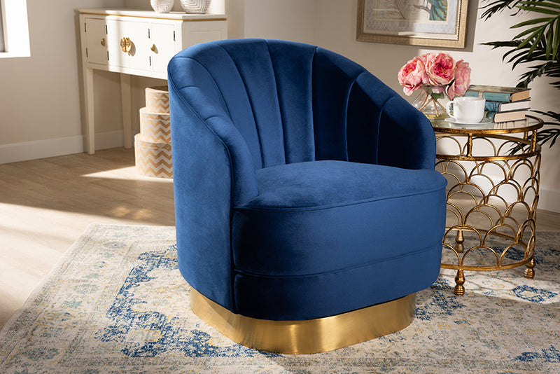 Mazarine Glam and Luxe Royal Blue Velvet Fabric Upholstered Brushed Gold Finished Swivel Accent Chair