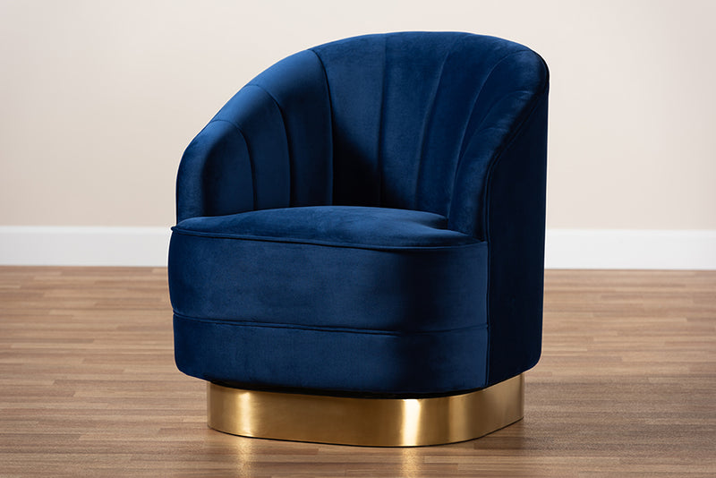 Mazarine Glam and Luxe Royal Blue Velvet Fabric Upholstered Brushed Gold Finished Swivel Accent Chair