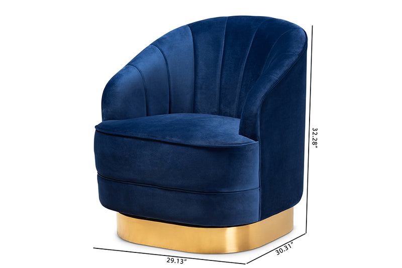 Mazarine Glam and Luxe Royal Blue Velvet Fabric Upholstered Brushed Gold Finished Swivel Accent Chair