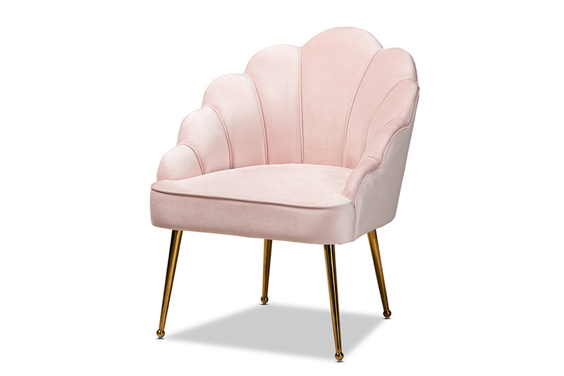 Lainer Glam and Luxe Light Pink Velvet Fabric Upholstered Gold Finished Seashell Shaped Accent Chair