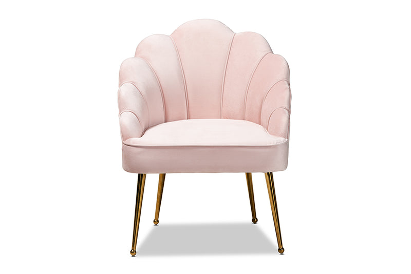 Lainer Glam and Luxe Light Pink Velvet Fabric Upholstered Gold Finished Seashell Shaped Accent Chair