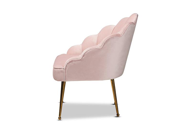 Lainer Glam and Luxe Light Pink Velvet Fabric Upholstered Gold Finished Seashell Shaped Accent Chair