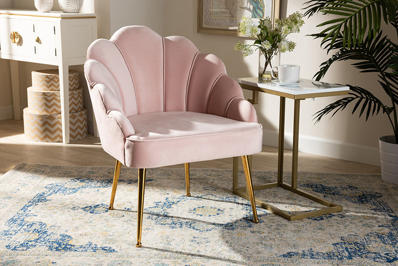 Lainer Glam and Luxe Light Pink Velvet Fabric Upholstered Gold Finished Seashell Shaped Accent Chair