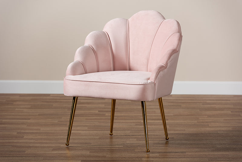 Lainer Glam and Luxe Light Pink Velvet Fabric Upholstered Gold Finished Seashell Shaped Accent Chair