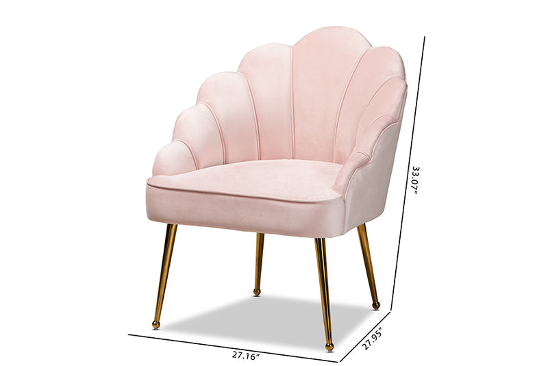 Lainer Glam and Luxe Light Pink Velvet Fabric Upholstered Gold Finished Seashell Shaped Accent Chair