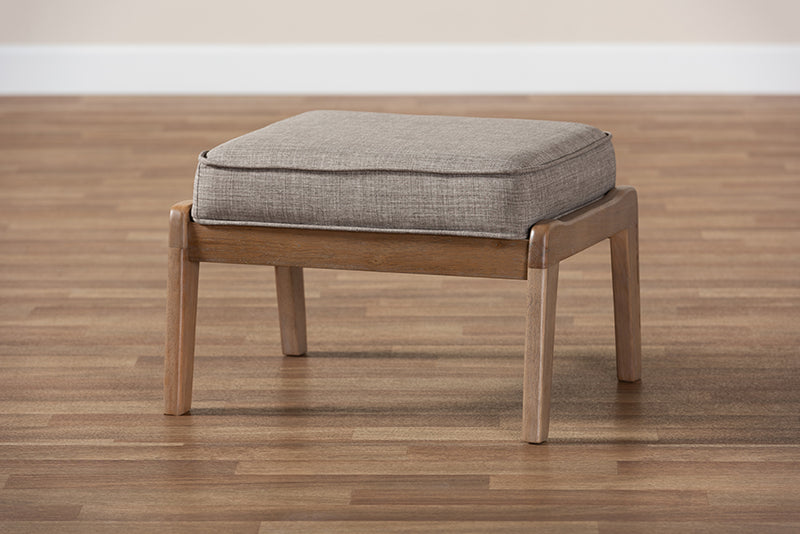 Jonesy Mid-Century Modern Light Gray Fabric Upholstered Antique Oak Finished Wood Ottoman