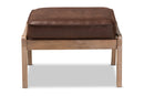 Jonesy Dark Brown Faux Leather Effect Fabric Upholstered Antique Oak Ottoman Baxton