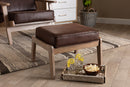 Jonesy Dark Brown Faux Leather Effect Fabric Upholstered Antique Oak Ottoman Baxton