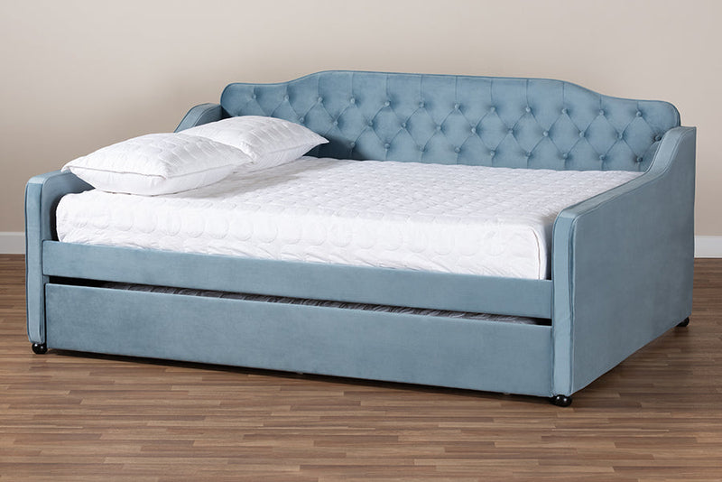 Savita Light Blue Velvet Fabric Button Tufted Queen Size Daybed w/Trundle Baxton
