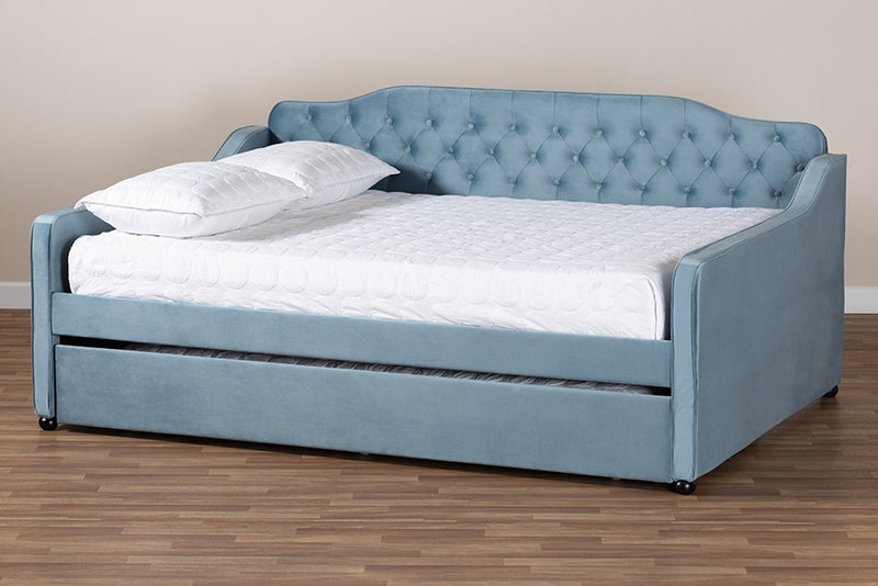 Savita Transitional and Contemporary Light Blue Velvet Fabric Upholstered and Button Tufted Full Size Daybed w/Trundle