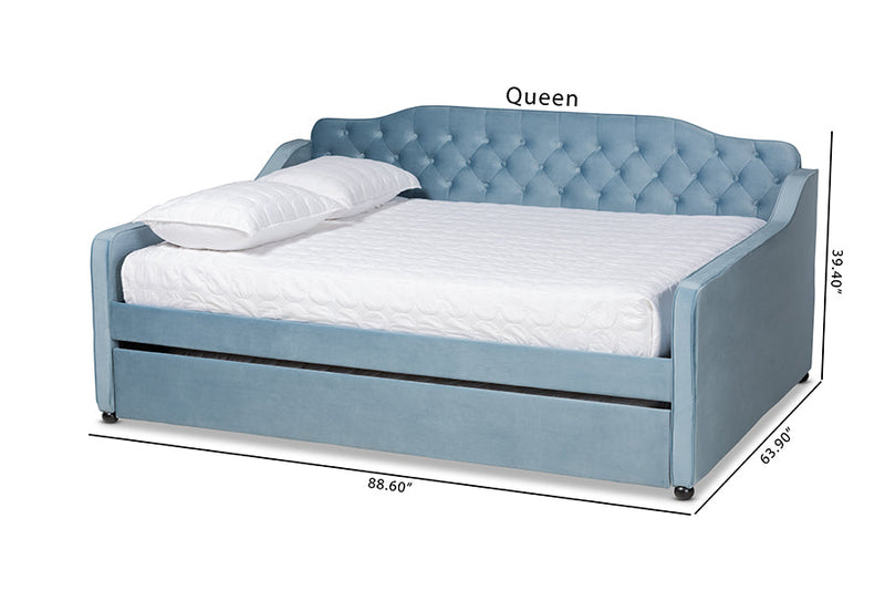 Savita Light Blue Velvet Fabric Button Tufted Queen Size Daybed w/Trundle Baxton