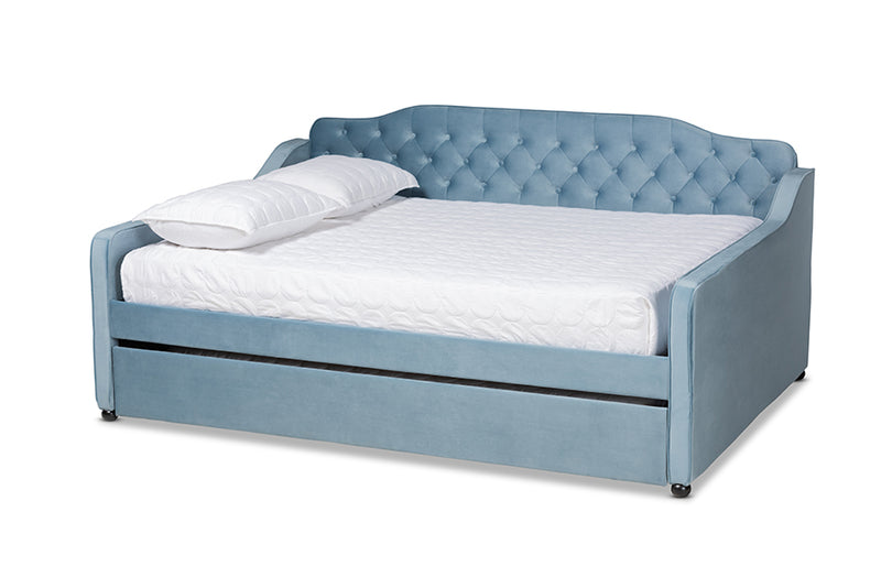 Savita Transitional and Contemporary Light Blue Velvet Fabric Upholstered and Button Tufted Full Size Daybed w/Trundle