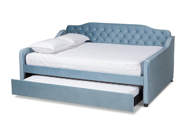 Savita Transitional and Contemporary Light Blue Velvet Fabric Upholstered and Button Tufted Full Size Daybed w/Trundle