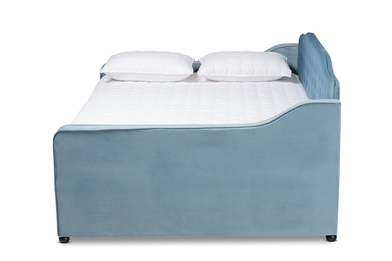 Savita Transitional and Contemporary Light Blue Velvet Fabric Upholstered and Button Tufted Full Size Daybed w/Trundle