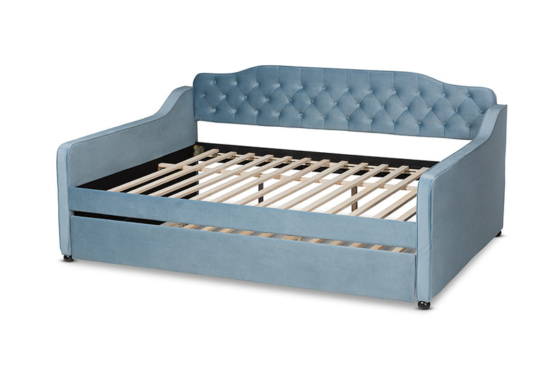 Savita Transitional and Contemporary Light Blue Velvet Fabric Upholstered and Button Tufted Full Size Daybed w/Trundle