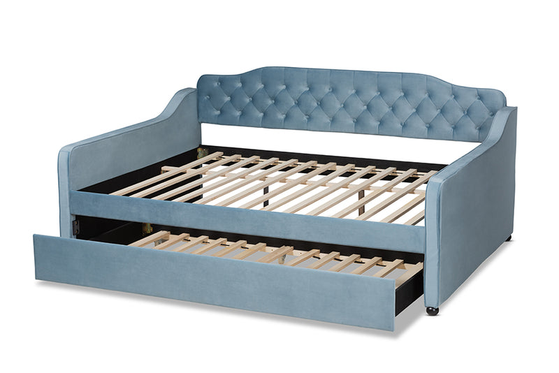 Savita Transitional and Contemporary Light Blue Velvet Fabric Upholstered and Button Tufted Full Size Daybed w/Trundle