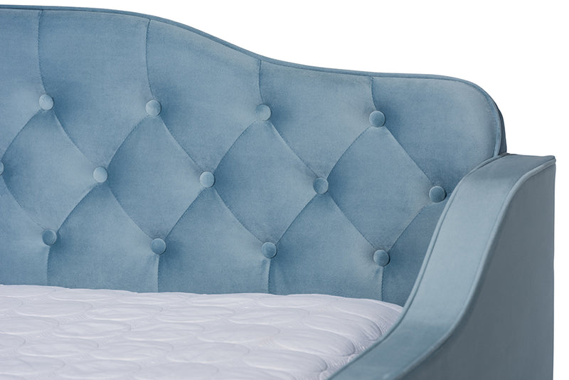 Savita Transitional and Contemporary Light Blue Velvet Fabric Upholstered and Button Tufted Full Size Daybed w/Trundle