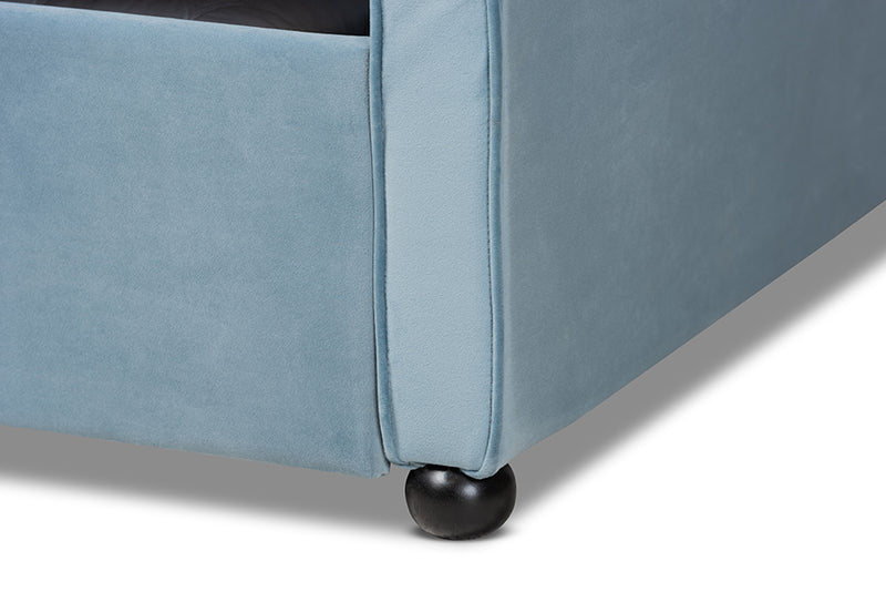 Savita Transitional and Contemporary Light Blue Velvet Fabric Upholstered and Button Tufted Full Size Daybed w/Trundle